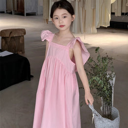 Girls Solid Choker Neck Gathered or Pleated Cotton A-Line Dress