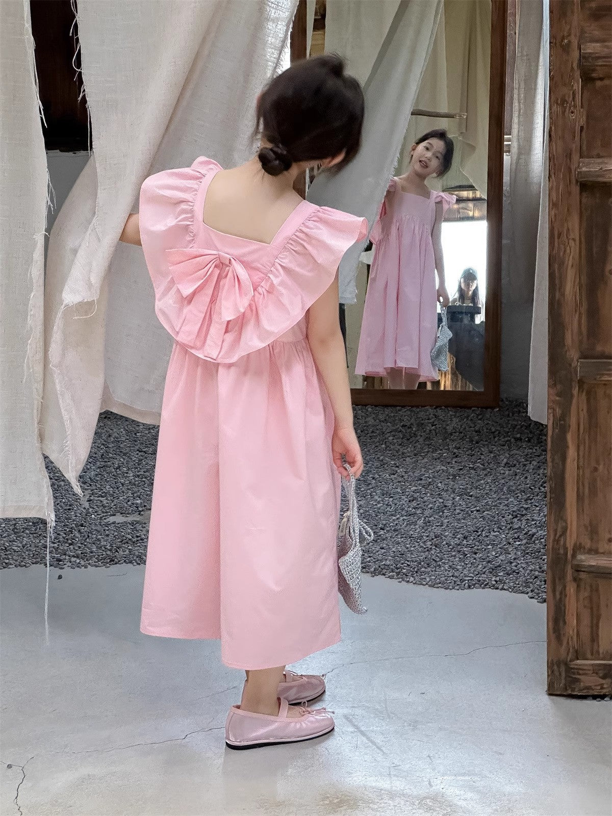 Girls Solid Choker Neck Gathered or Pleated Cotton A-Line Dress