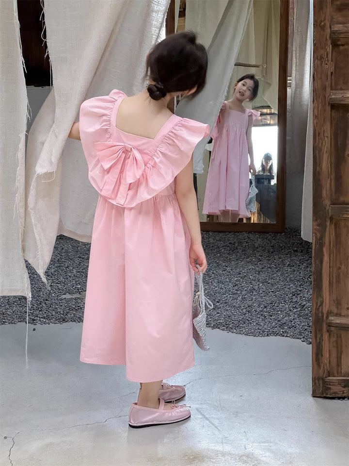 Girls Solid Choker Neck Gathered or Pleated Cotton A-Line Dress