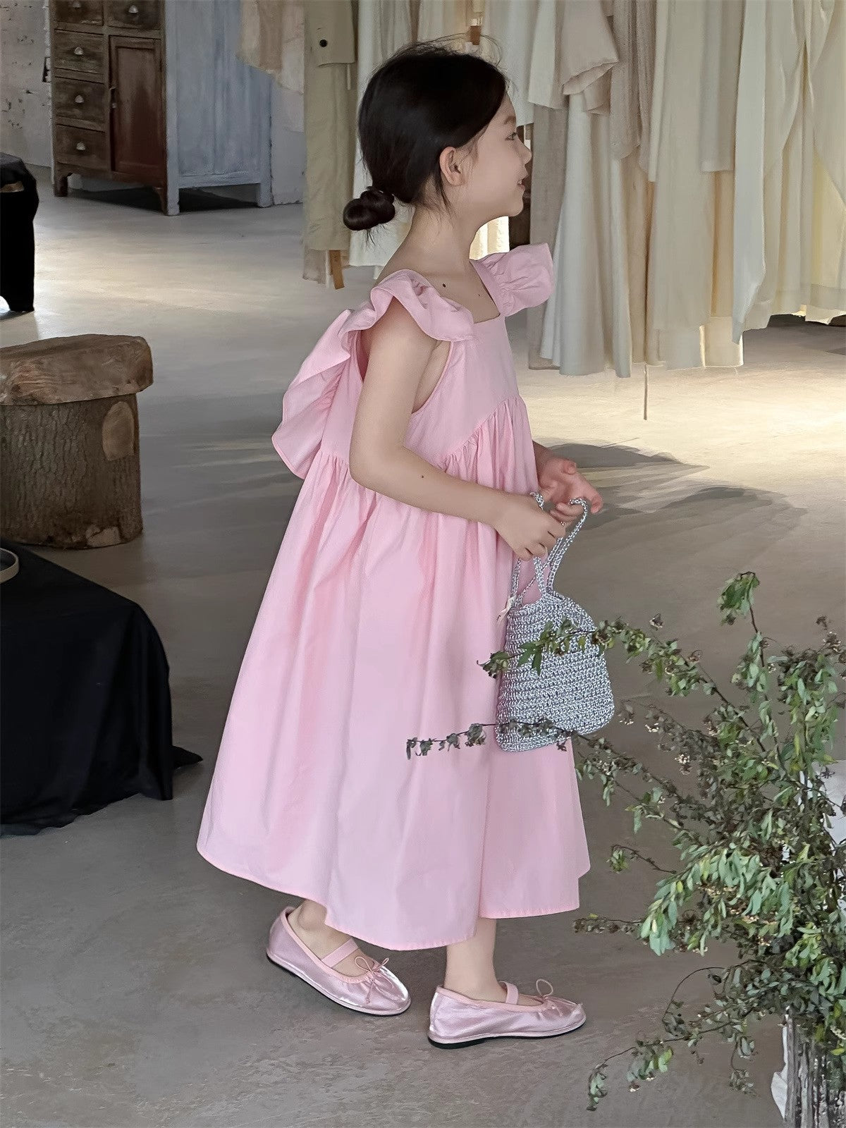 Girls Solid Choker Neck Gathered or Pleated Cotton A-Line Dress