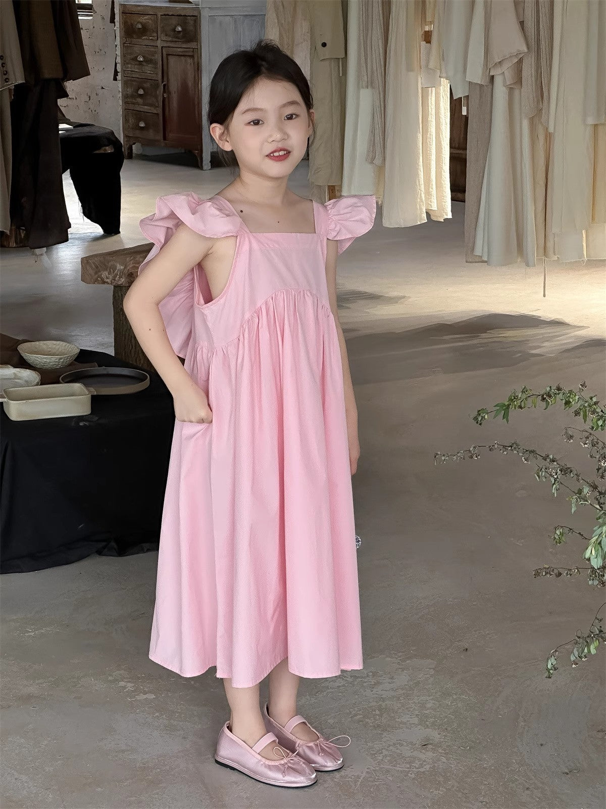 Girls Solid Choker Neck Gathered or Pleated Cotton A-Line Dress