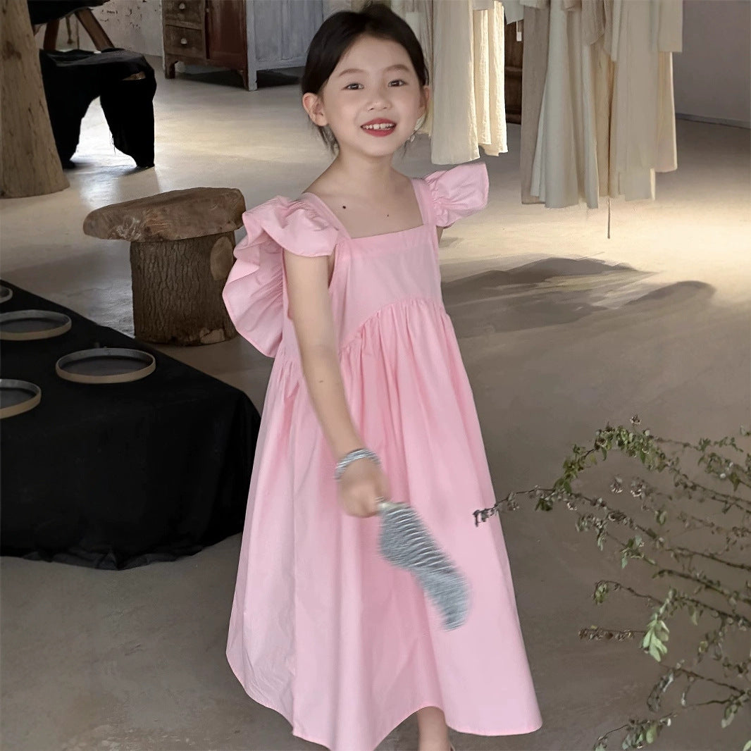 Girls Solid Choker Neck Gathered or Pleated Cotton A-Line Dress