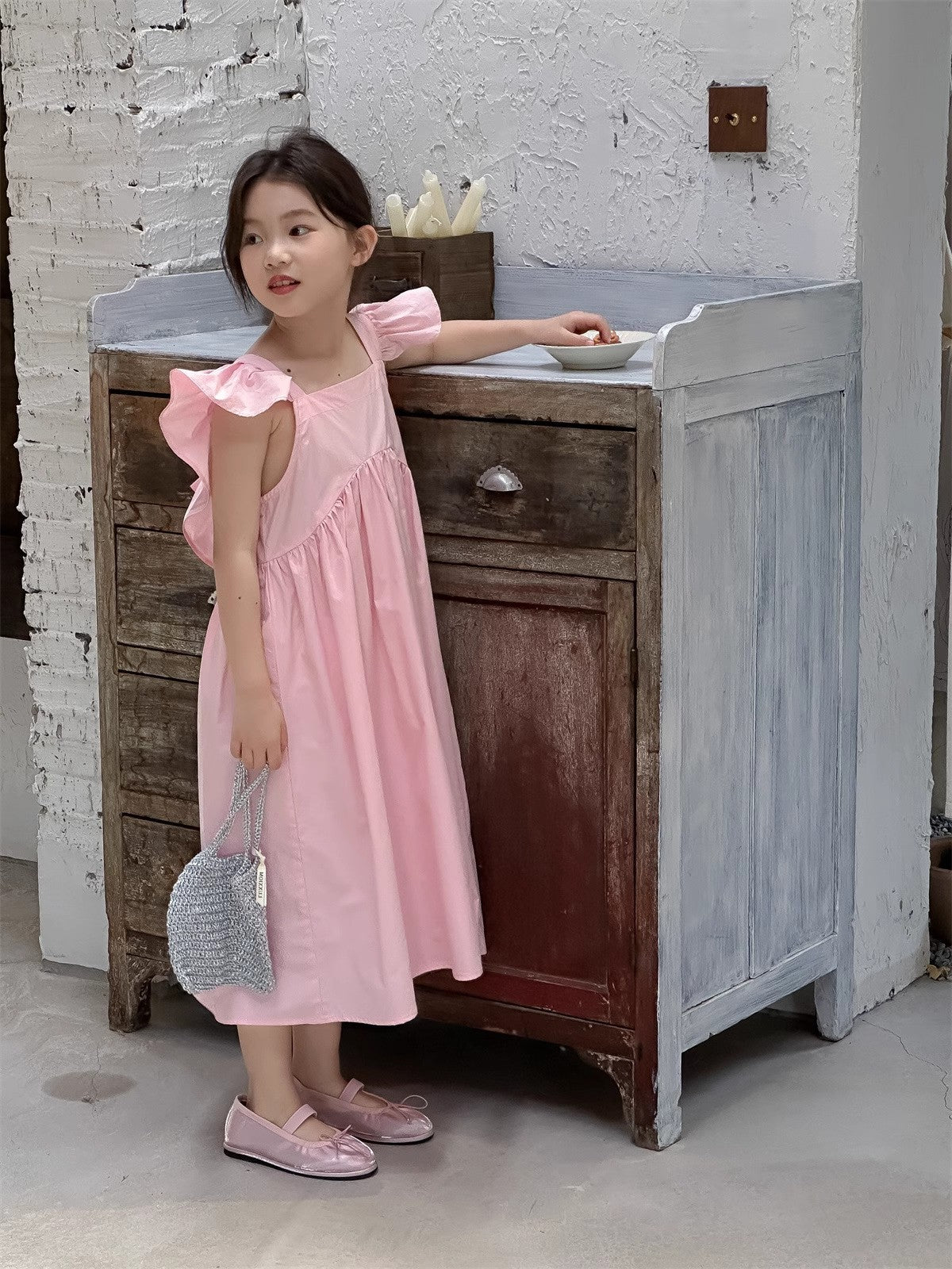 Girls Solid Choker Neck Gathered or Pleated Cotton A-Line Dress