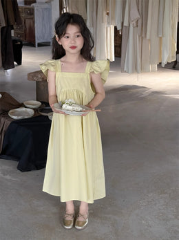 Girls Solid Choker Neck Gathered or Pleated Cotton A-Line Dress