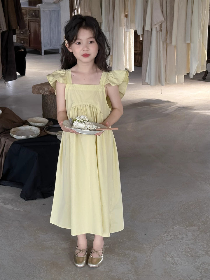 Girls Solid Choker Neck Gathered or Pleated Cotton A-Line Dress