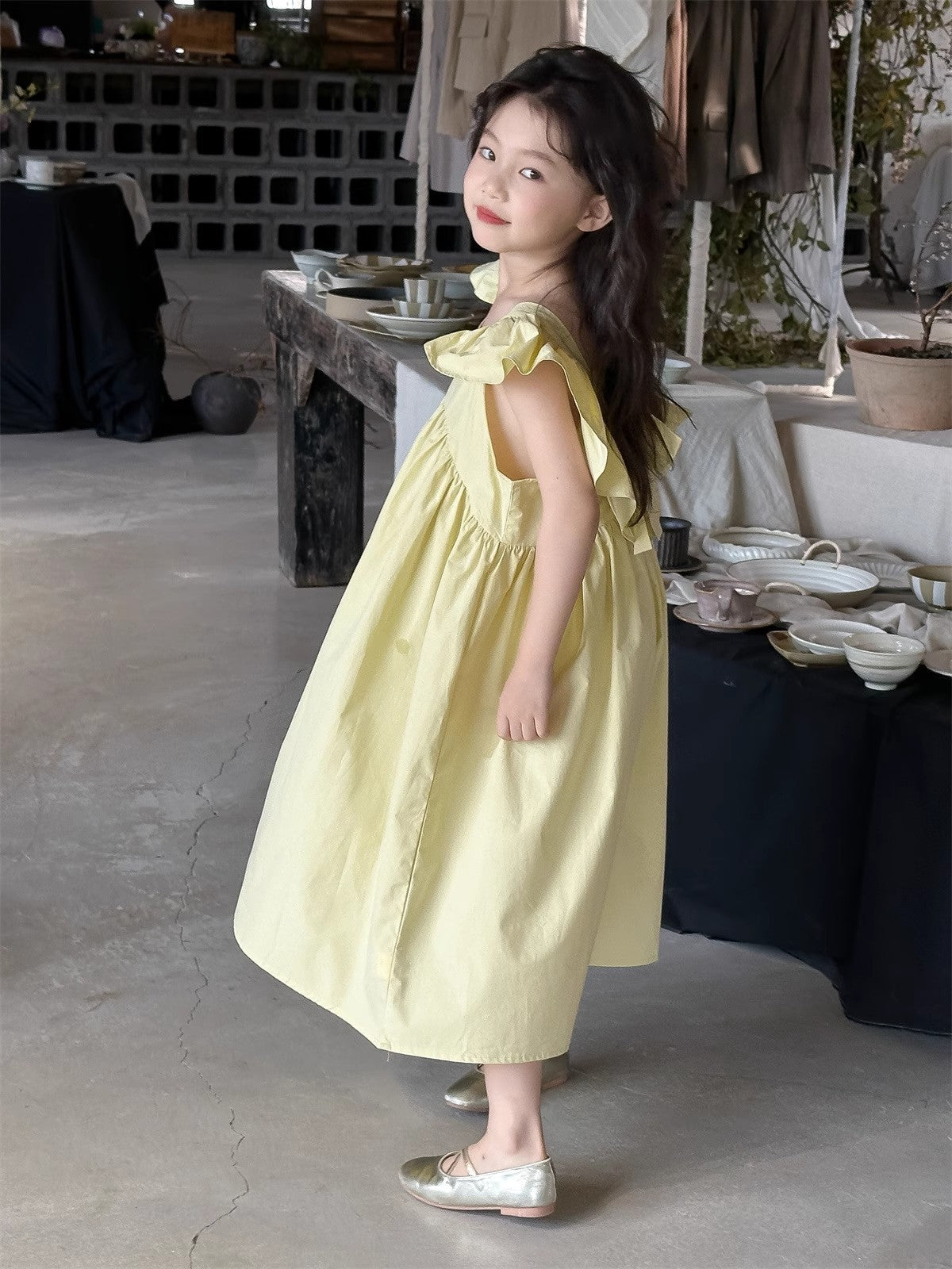Girls Solid Choker Neck Gathered or Pleated Cotton A-Line Dress