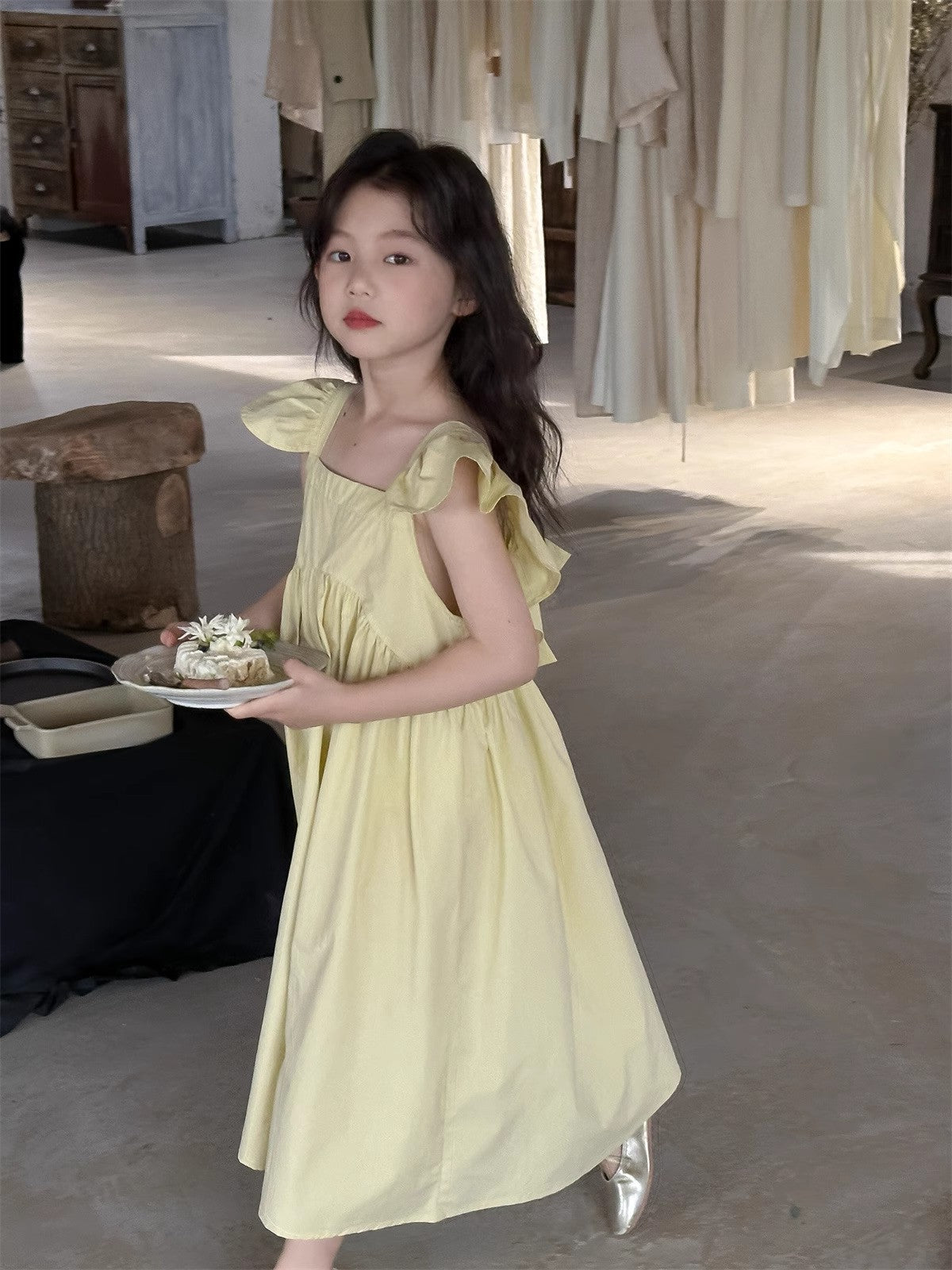 Girls Solid Choker Neck Gathered or Pleated Cotton A-Line Dress