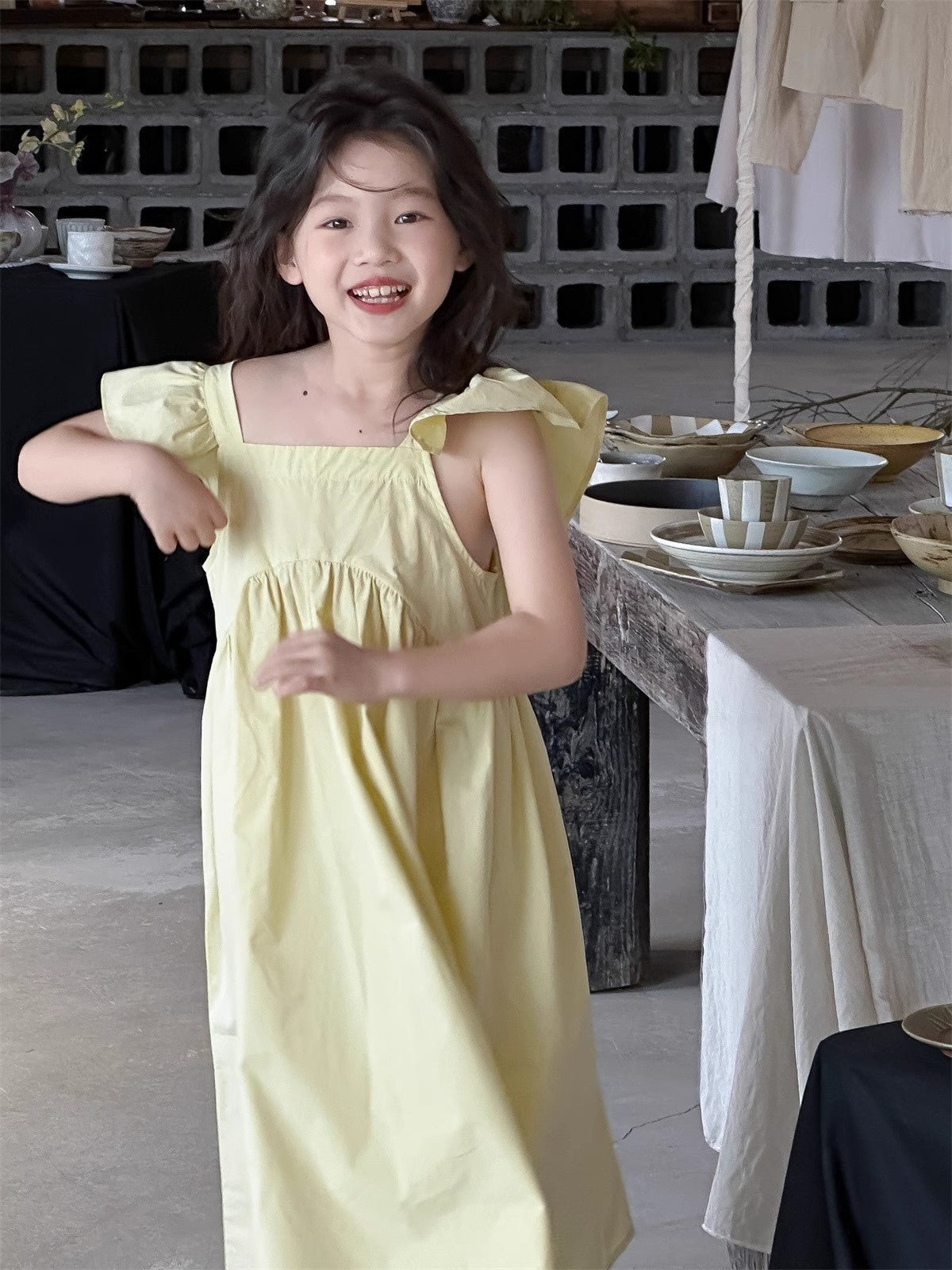 Girls Solid Choker Neck Gathered or Pleated Cotton A-Line Dress