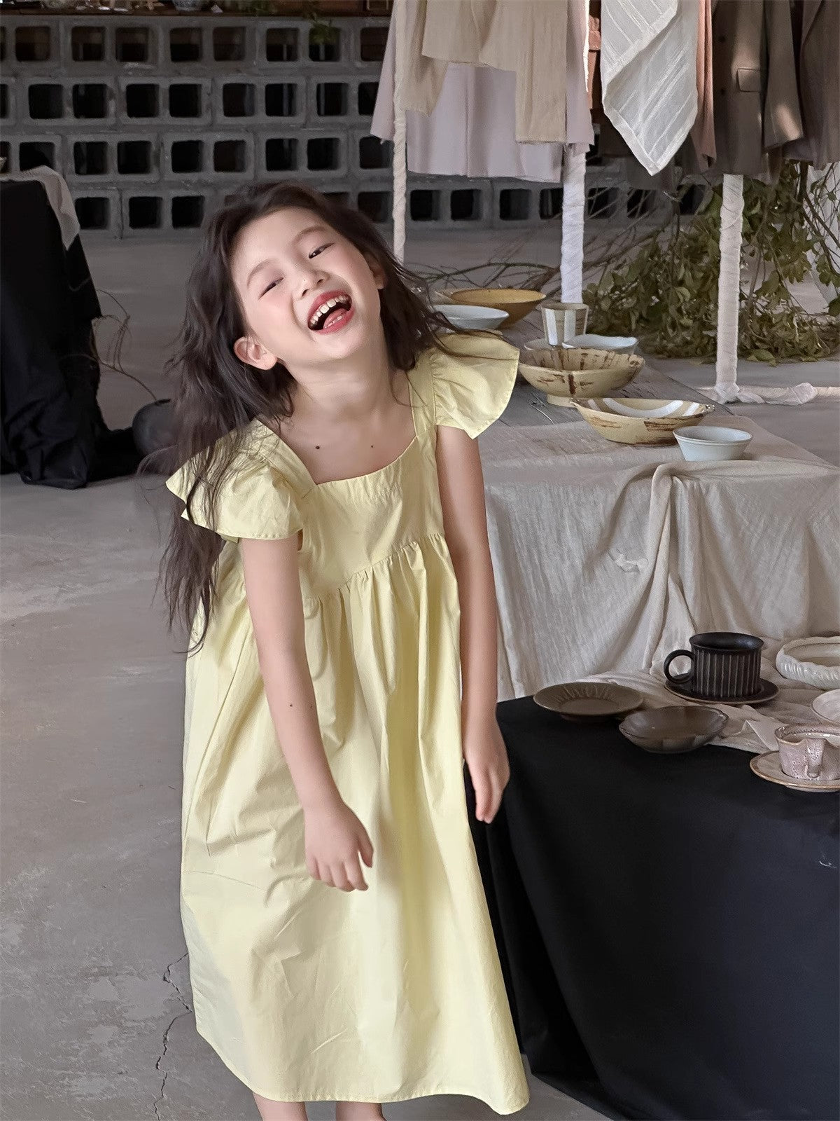 Girls Solid Choker Neck Gathered or Pleated Cotton A-Line Dress