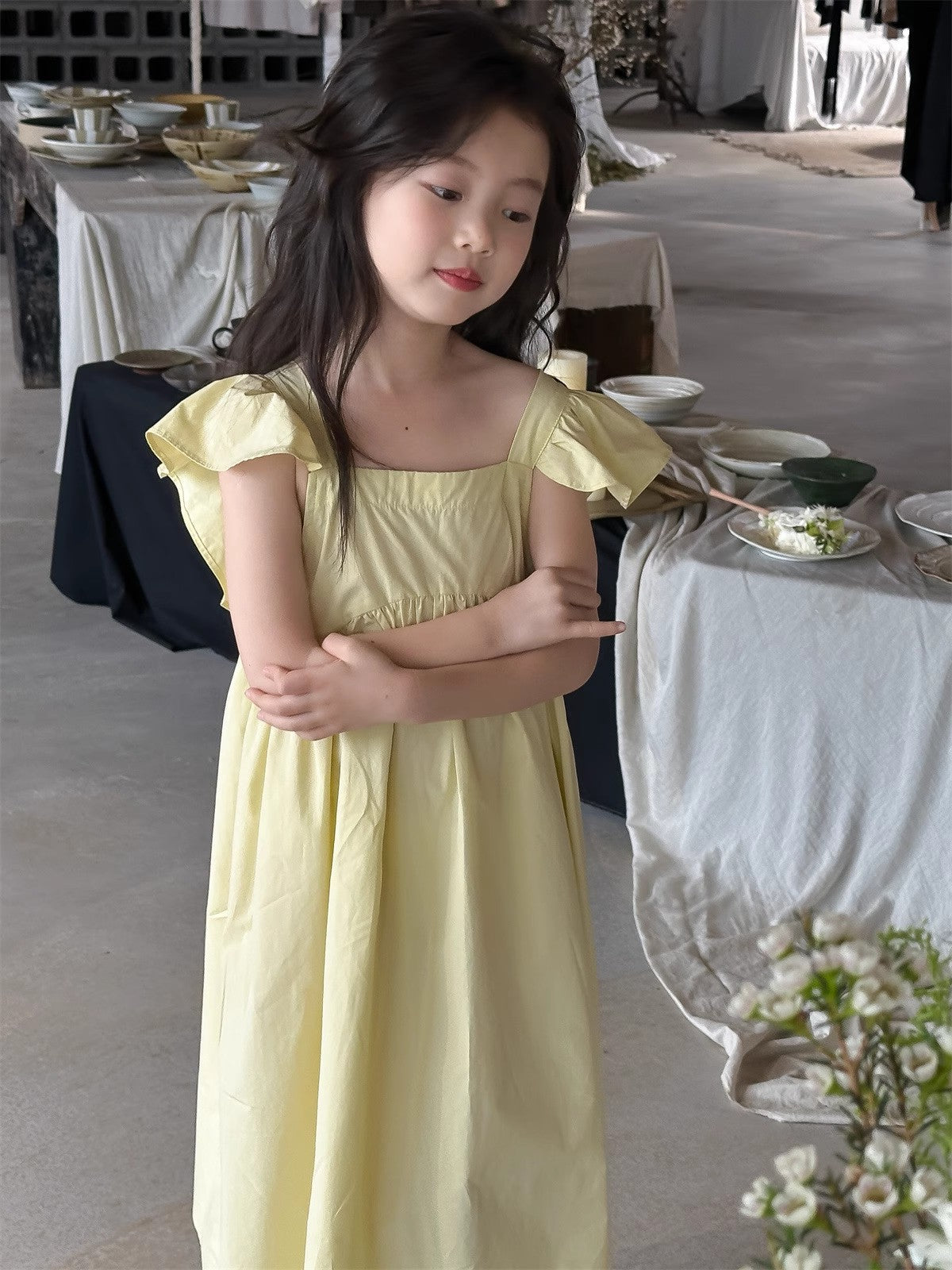Girls Solid Choker Neck Gathered or Pleated Cotton A-Line Dress