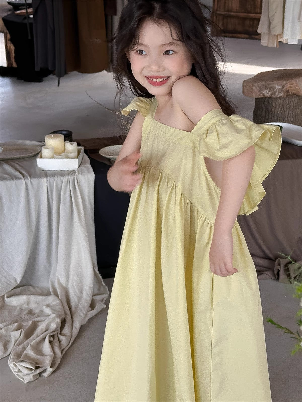Girls Solid Choker Neck Gathered or Pleated Cotton A-Line Dress