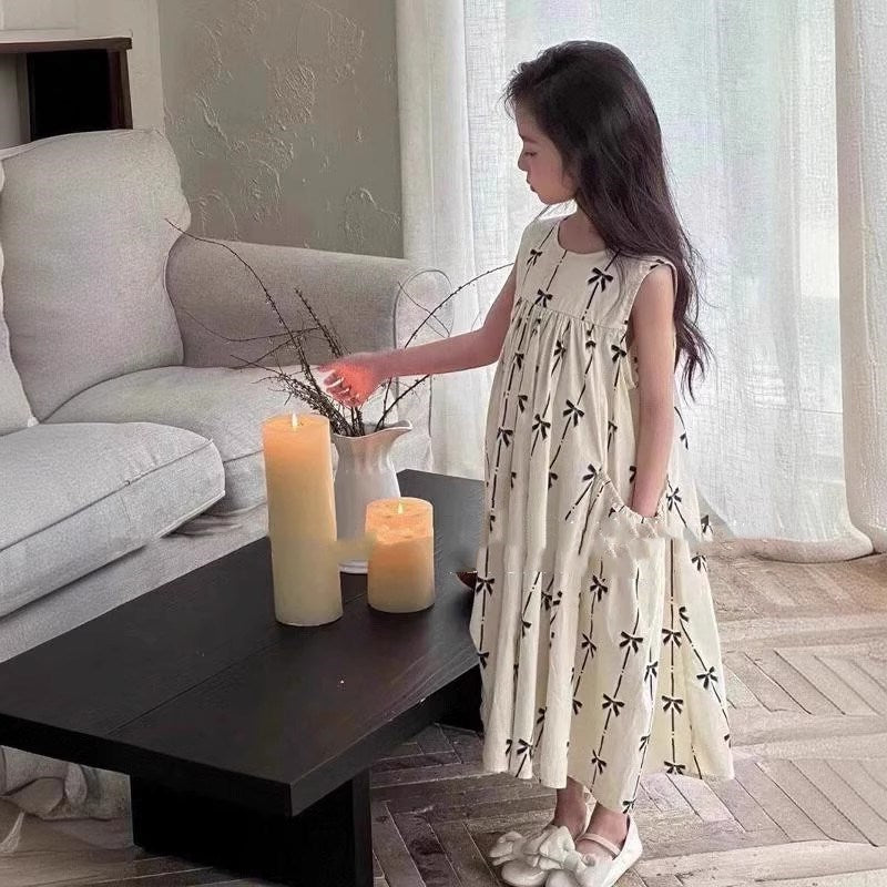 Girls Floral Printed Round Neck Ruffles A-Line Dress