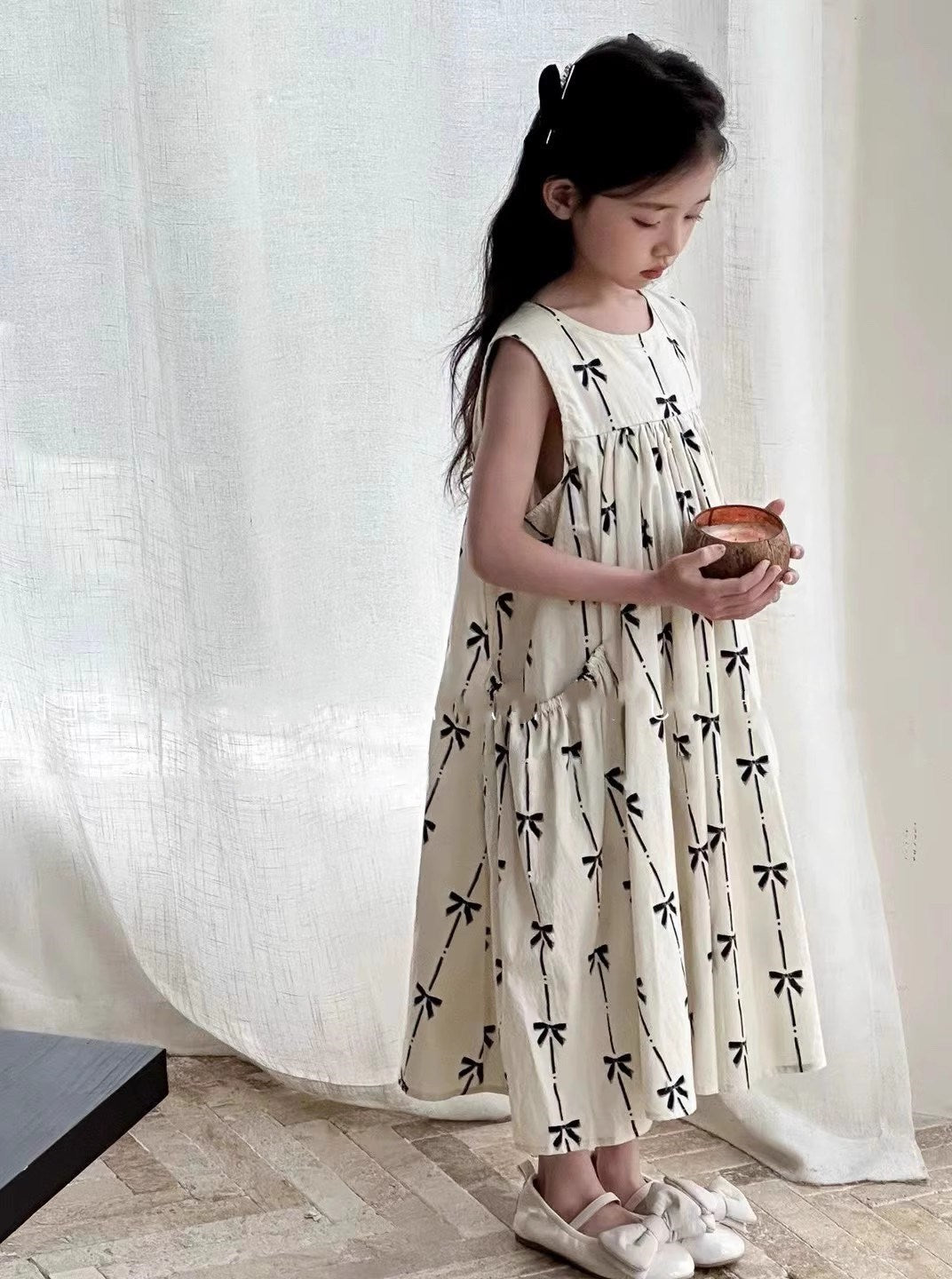 Girls Floral Printed Round Neck Ruffles A-Line Dress