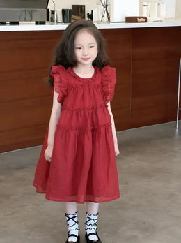 Girls Solid Round Neck Ruffles A-Line Dress