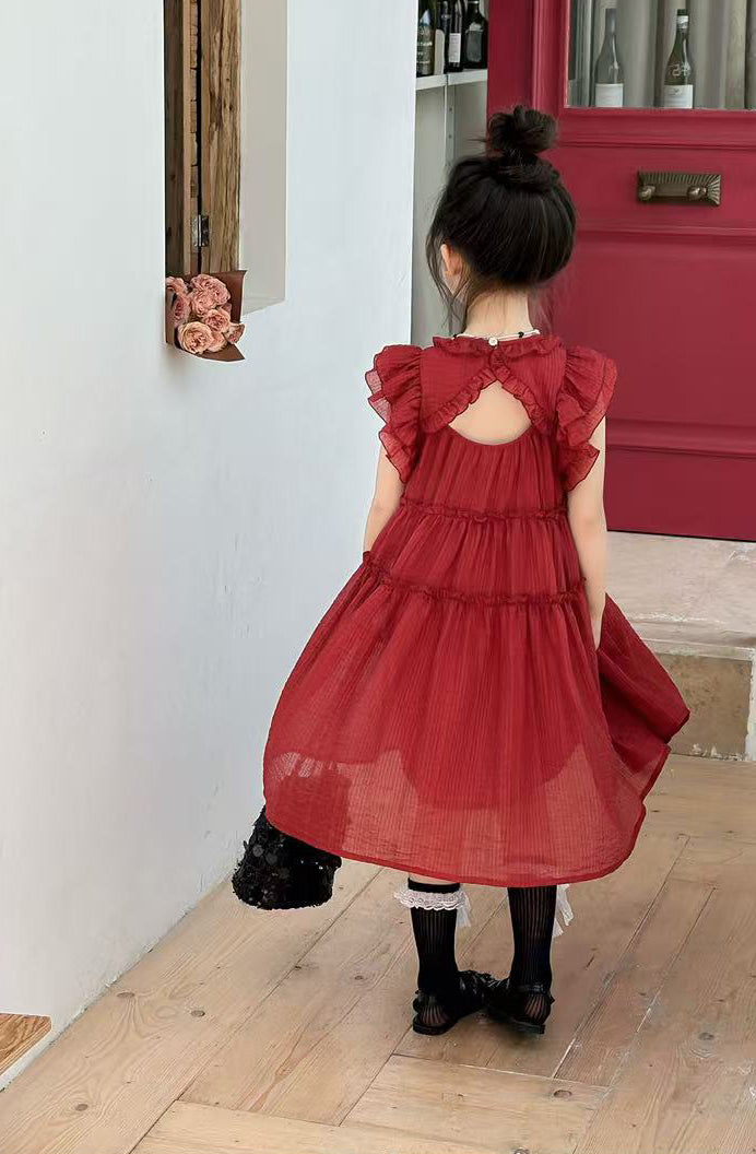 Girls Solid Round Neck Ruffles A-Line Dress