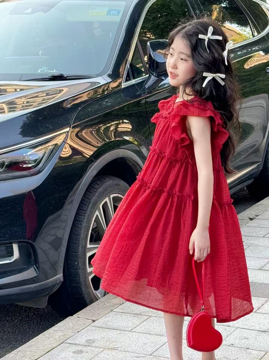 Girls Solid Round Neck Ruffles A-Line Dress