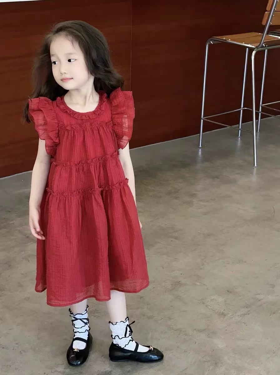 Girls Solid Round Neck Ruffles A-Line Dress
