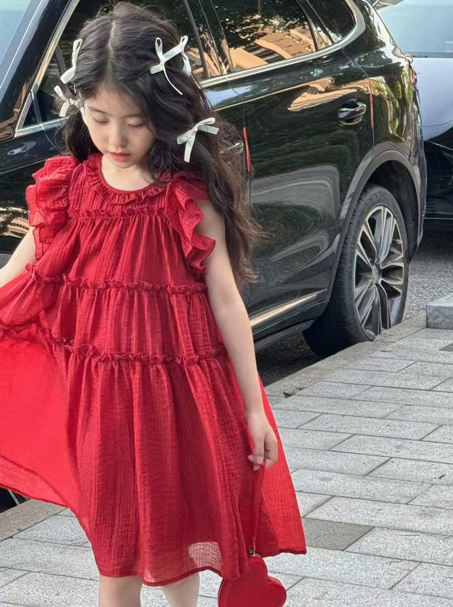 Girls Solid Round Neck Ruffles A-Line Dress