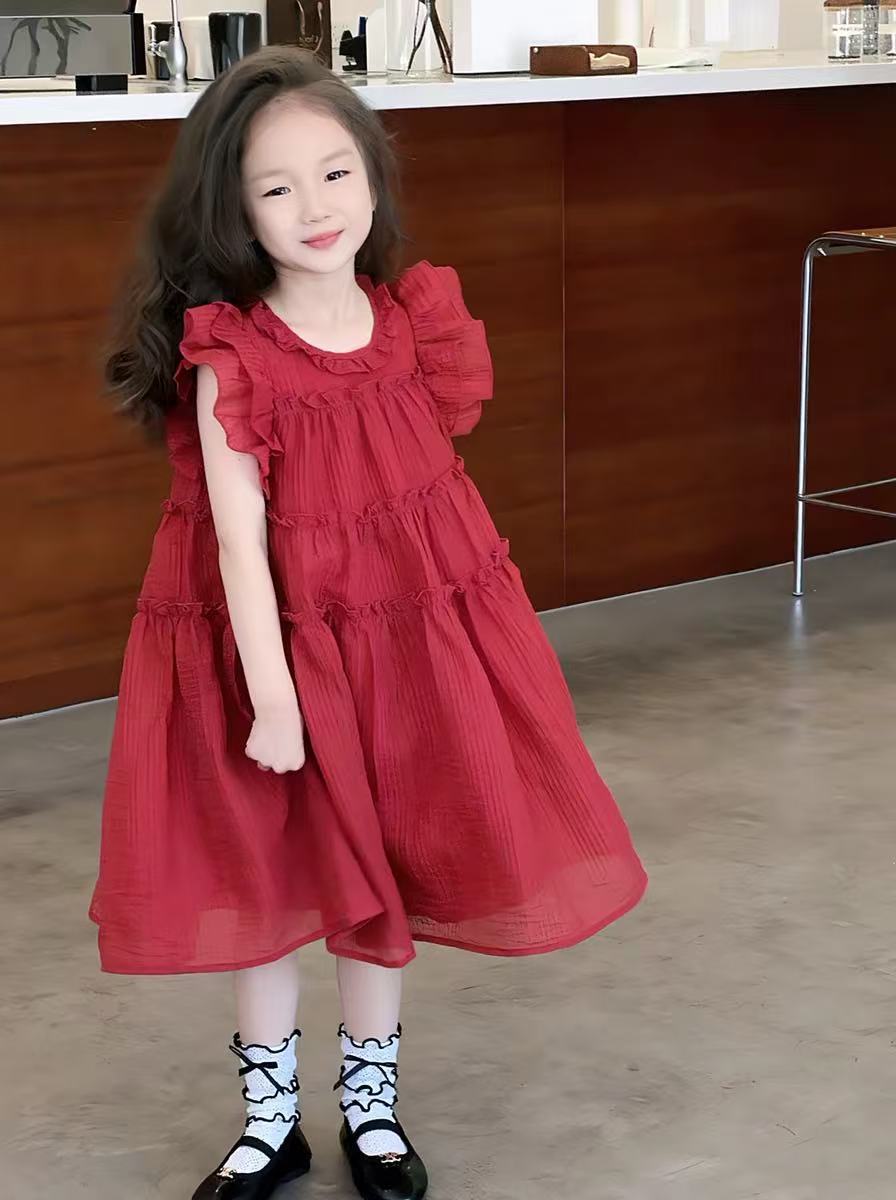 Girls Solid Round Neck Ruffles A-Line Dress