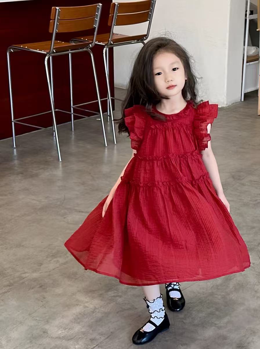 Girls Solid Round Neck Ruffles A-Line Dress