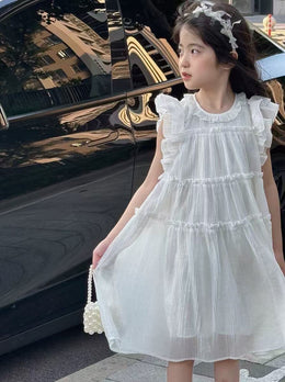 Girls Solid Round Neck Ruffles A-Line Dress