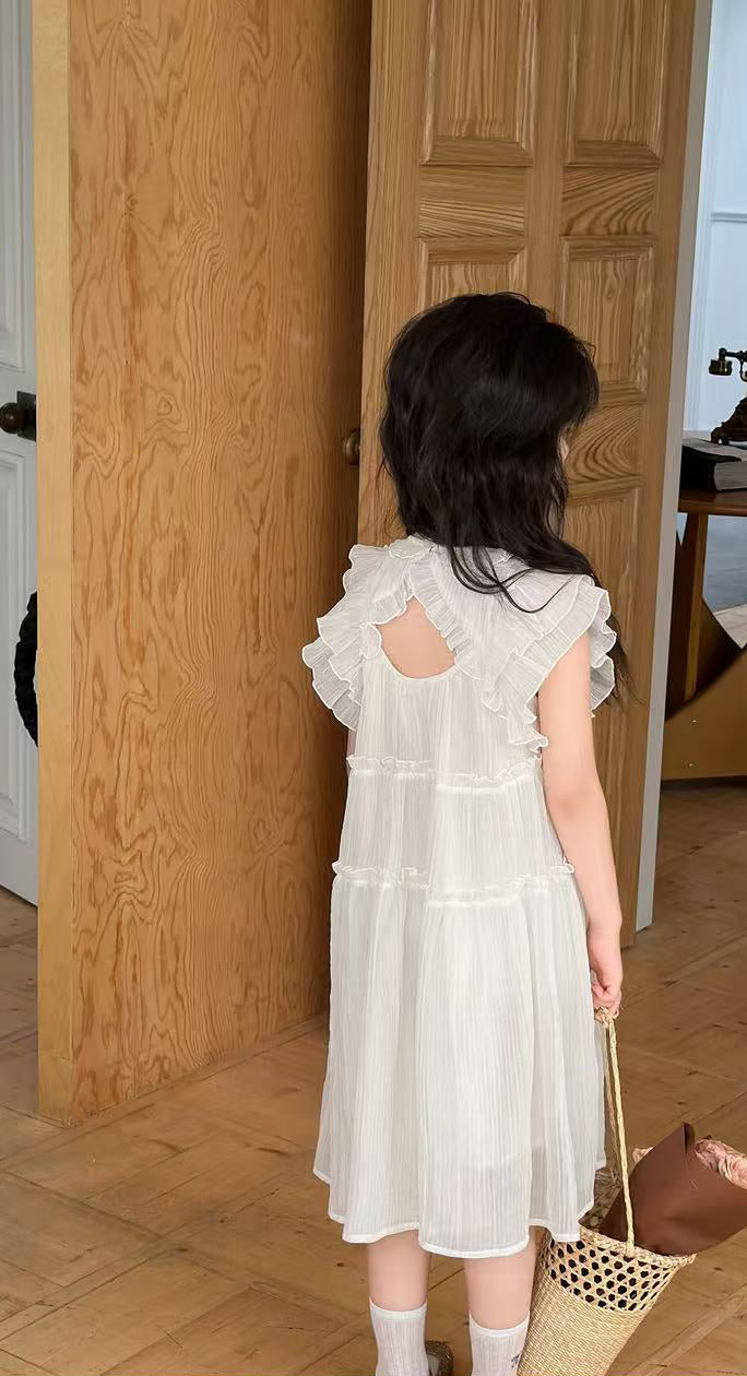 Girls Solid Round Neck Ruffles A-Line Dress