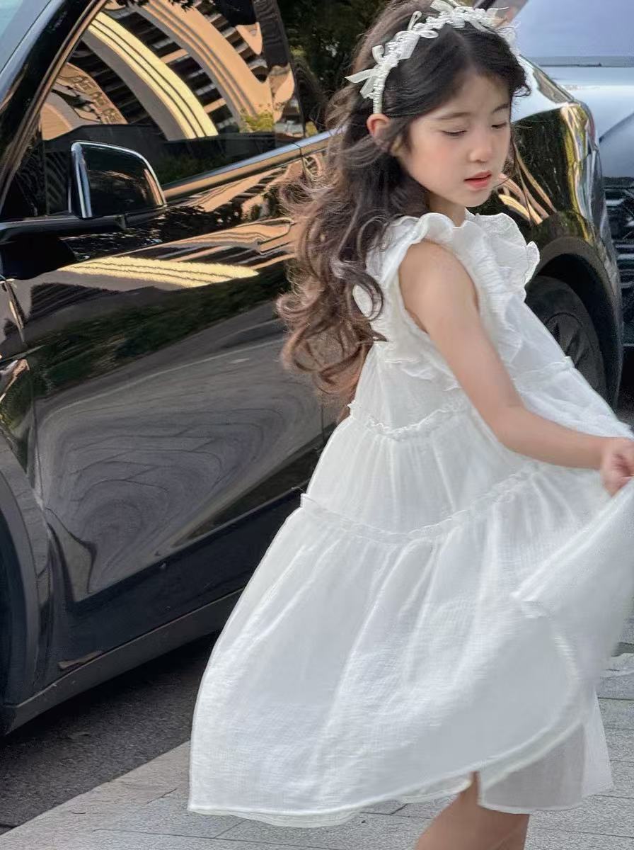 Girls Solid Round Neck Ruffles A-Line Dress