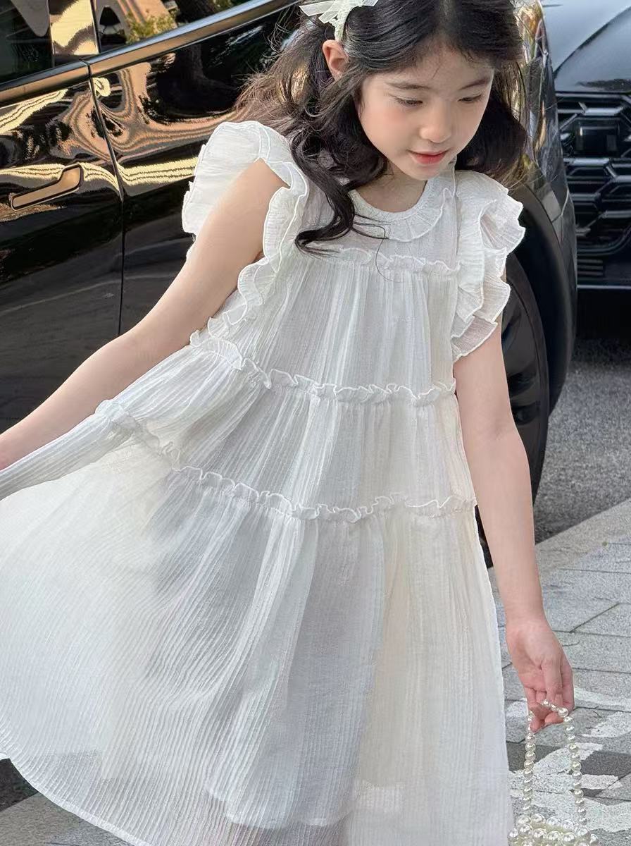 Girls Solid Round Neck Ruffles A-Line Dress