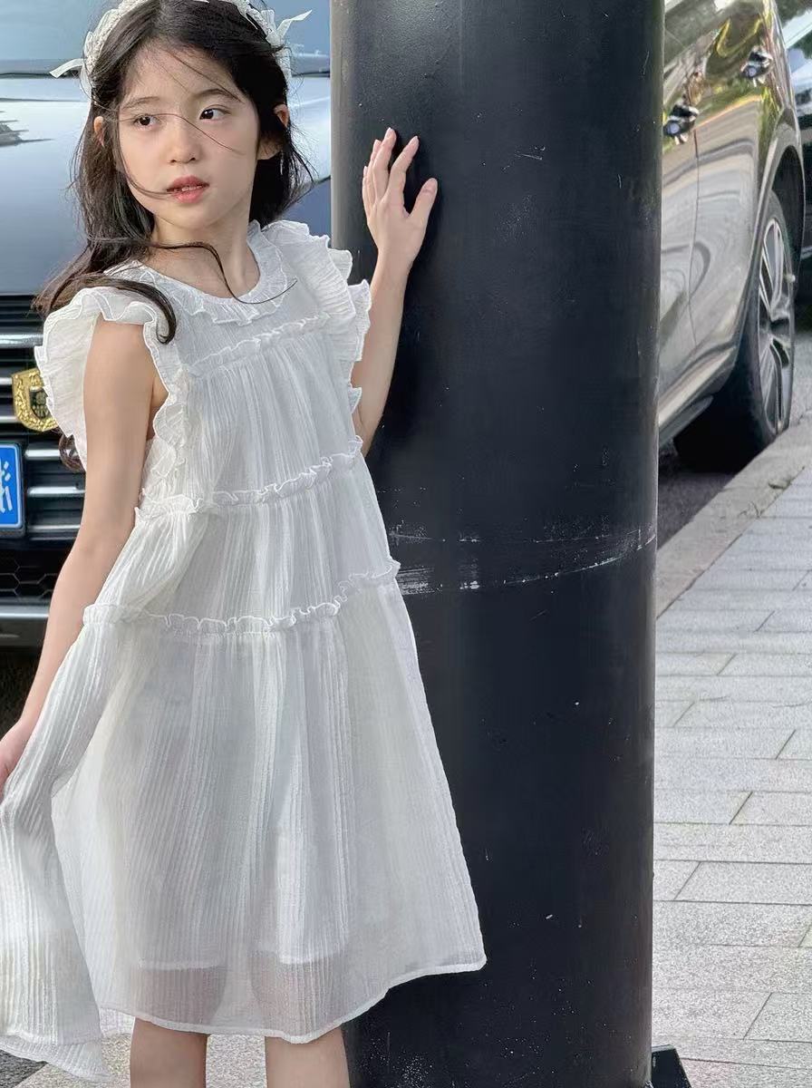 Girls Solid Round Neck Ruffles A-Line Dress