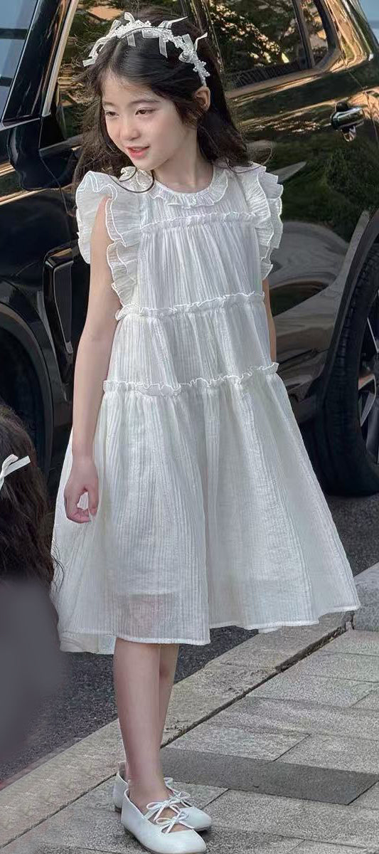 Girls Solid Round Neck Ruffles A-Line Dress