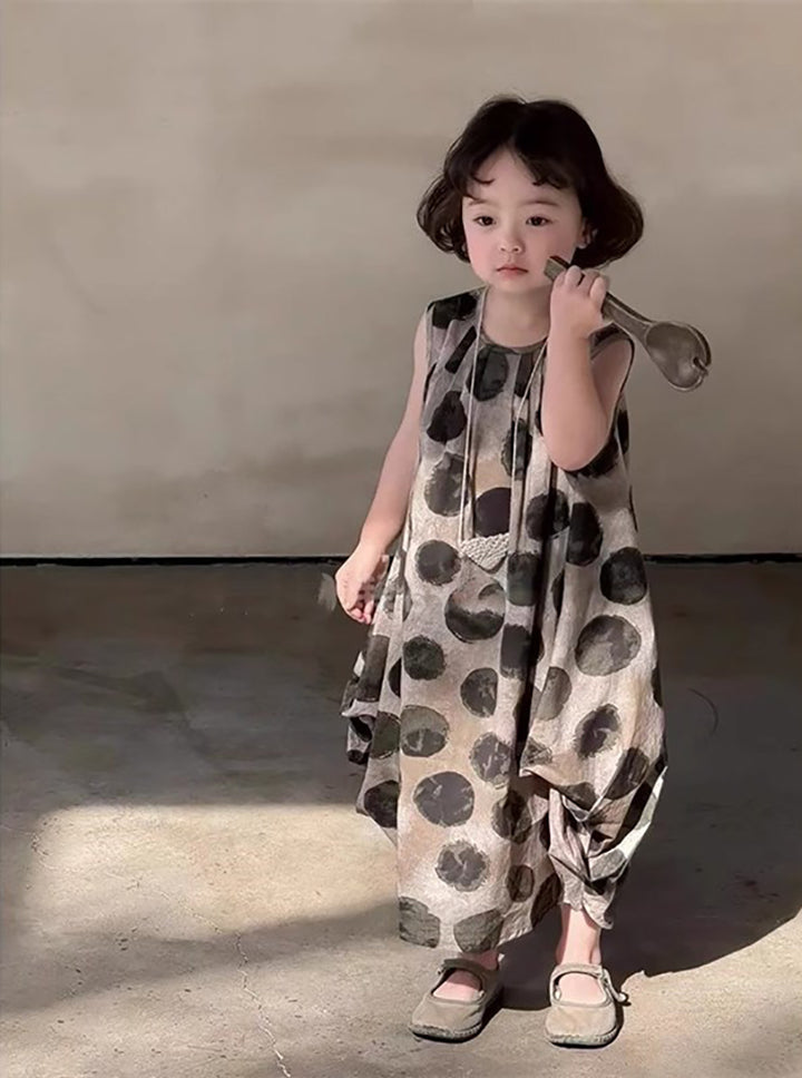 Girls Polka Dots Printed Round Neck Ruffles A-Line Dress