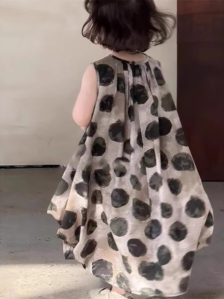 Girls Polka Dots Printed Round Neck Ruffles A-Line Dress