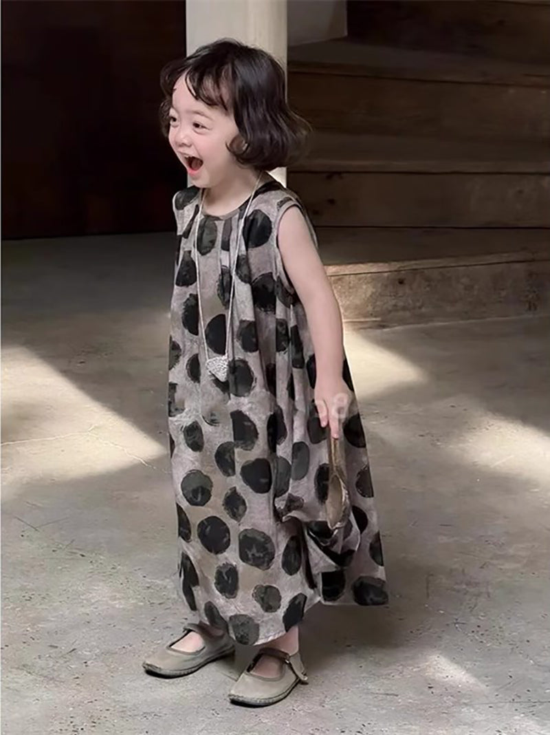 Girls Polka Dots Printed Round Neck Ruffles A-Line Dress