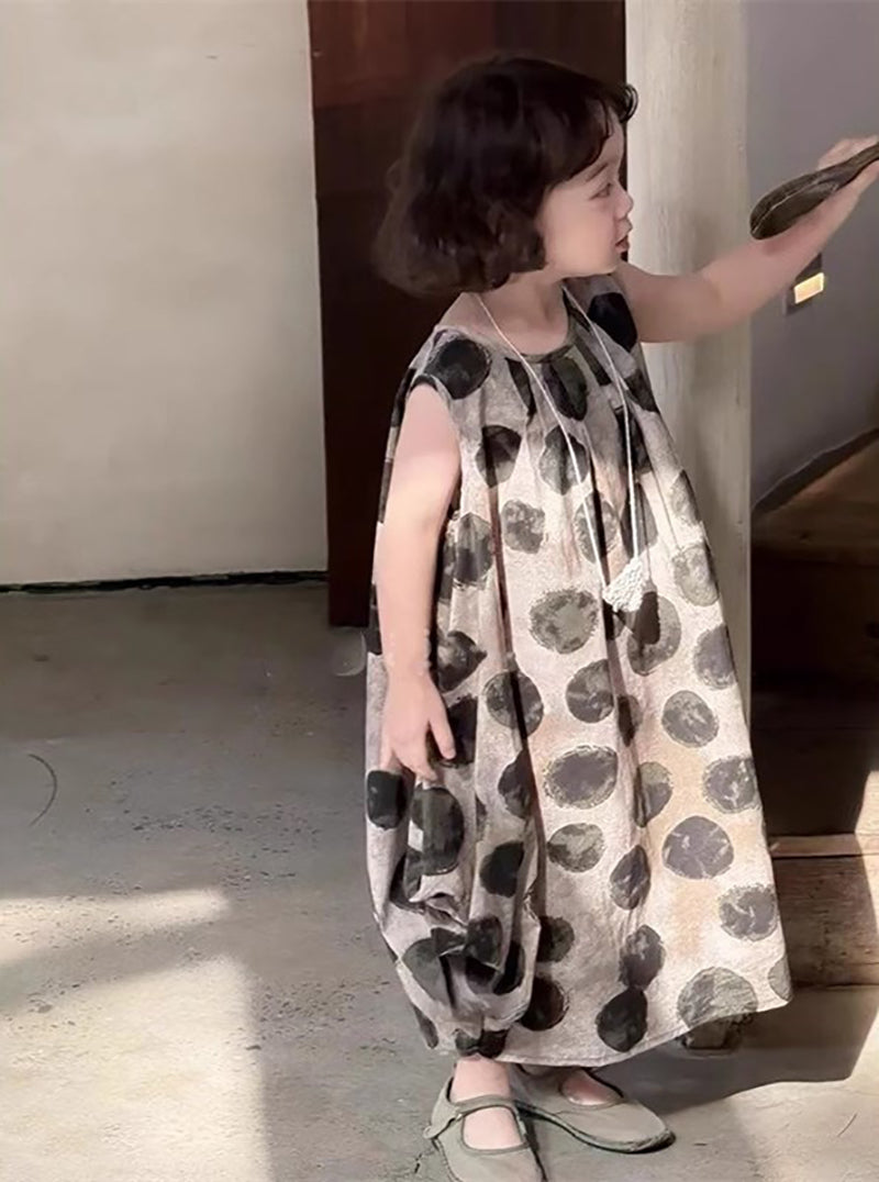 Girls Polka Dots Printed Round Neck Ruffles A-Line Dress
