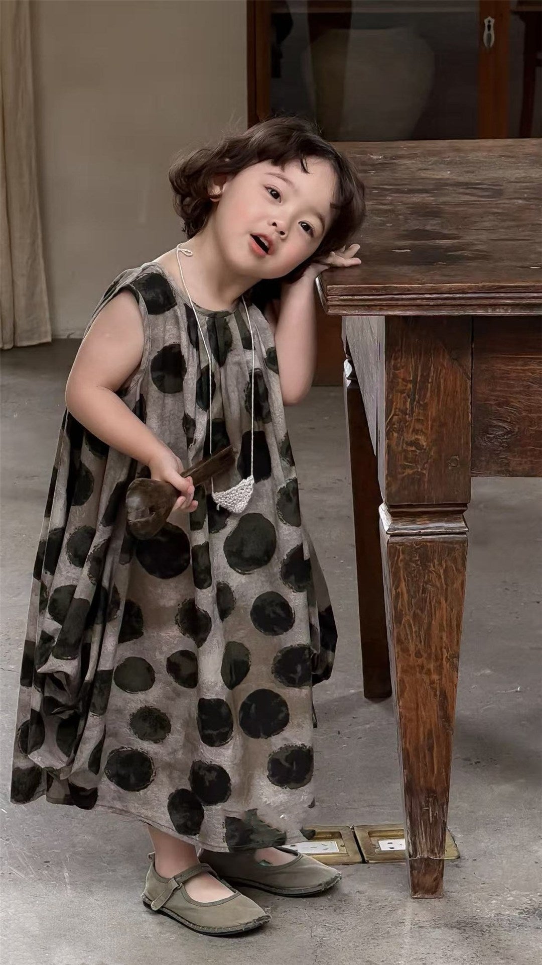 Girls Polka Dots Printed Round Neck Ruffles A-Line Dress
