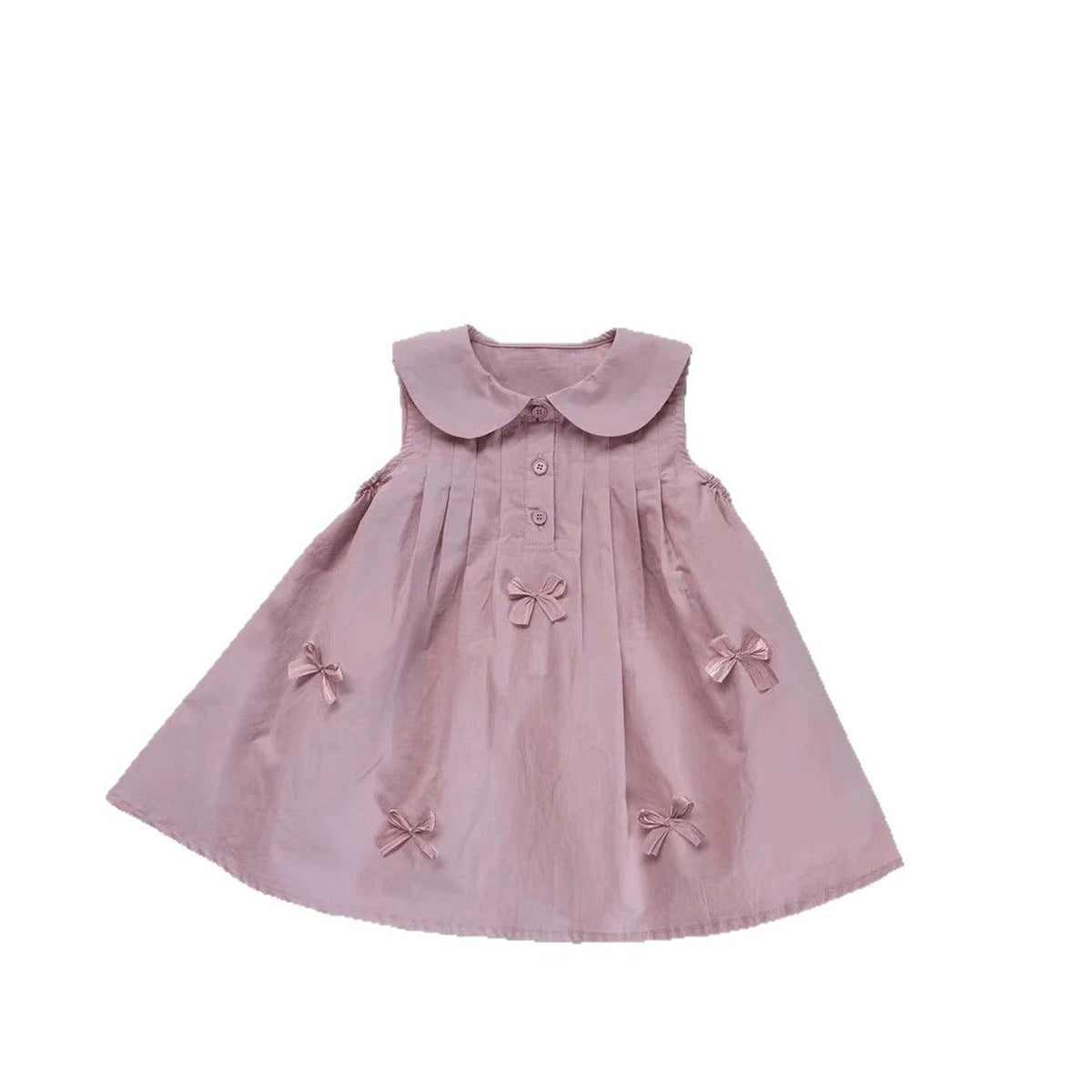 Girls Solid Peter Pan Collar Gathered or Pleated Cotton A-Line Dress