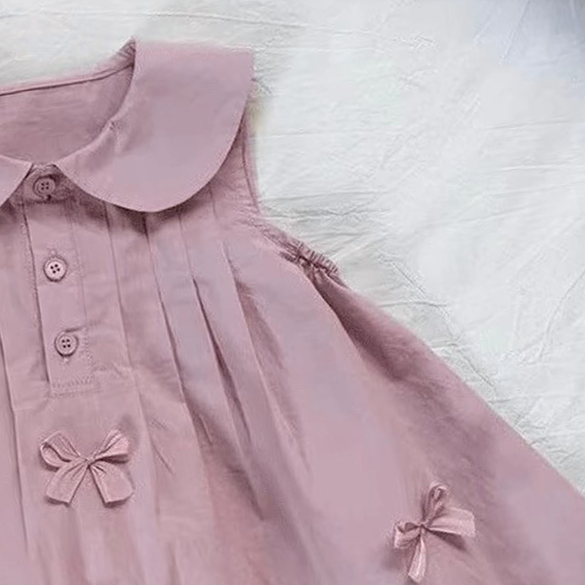 Girls Solid Peter Pan Collar Gathered or Pleated Cotton A-Line Dress