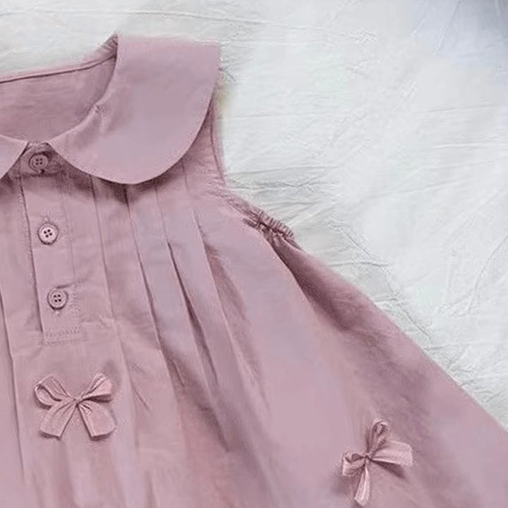 Girls Solid Peter Pan Collar Gathered or Pleated Cotton A-Line Dress