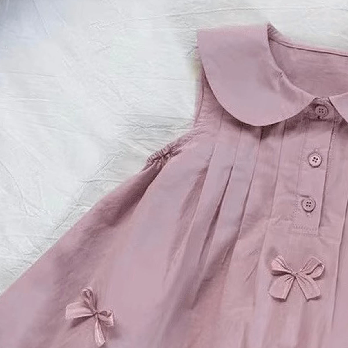 Girls Solid Peter Pan Collar Gathered or Pleated Cotton A-Line Dress