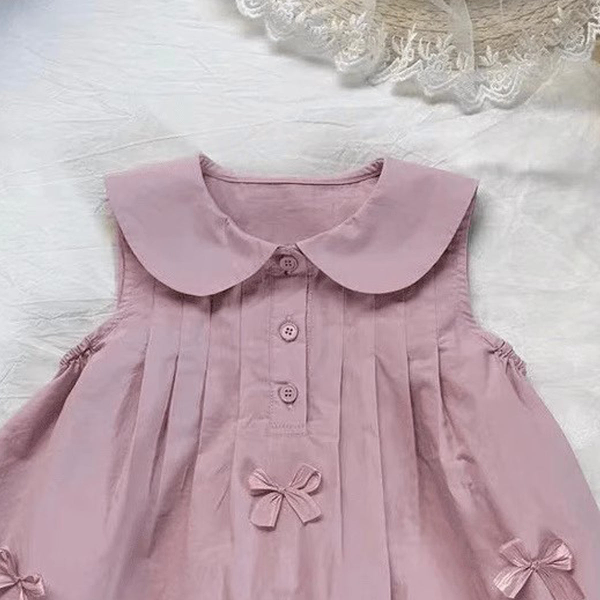 Girls Solid Peter Pan Collar Gathered or Pleated Cotton A-Line Dress