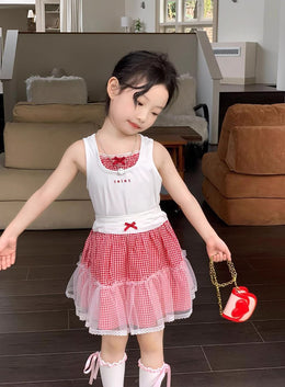 Girls Colourblocked Sleeveless Pure Cotton Top With Skirt