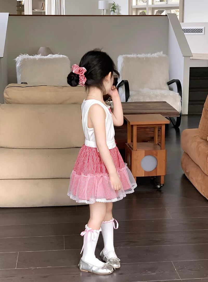 Girls Colourblocked Sleeveless Pure Cotton Top With Skirt