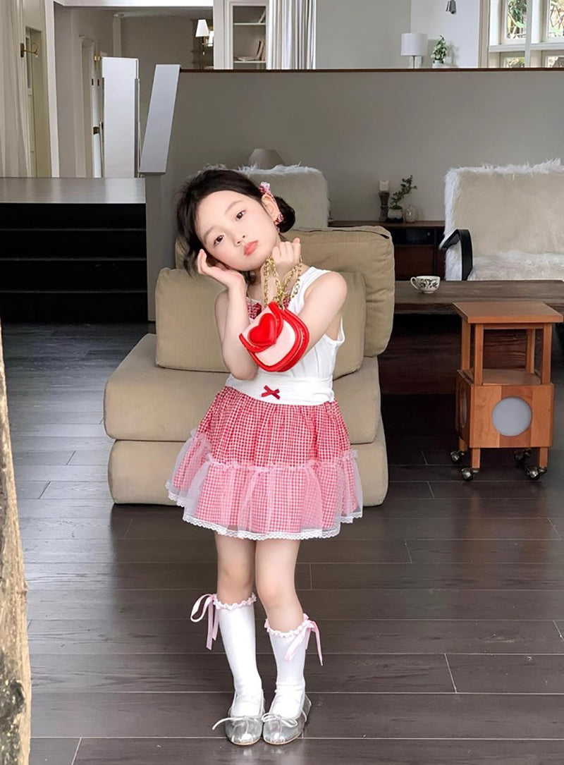 Girls Colourblocked Sleeveless Pure Cotton Top With Skirt