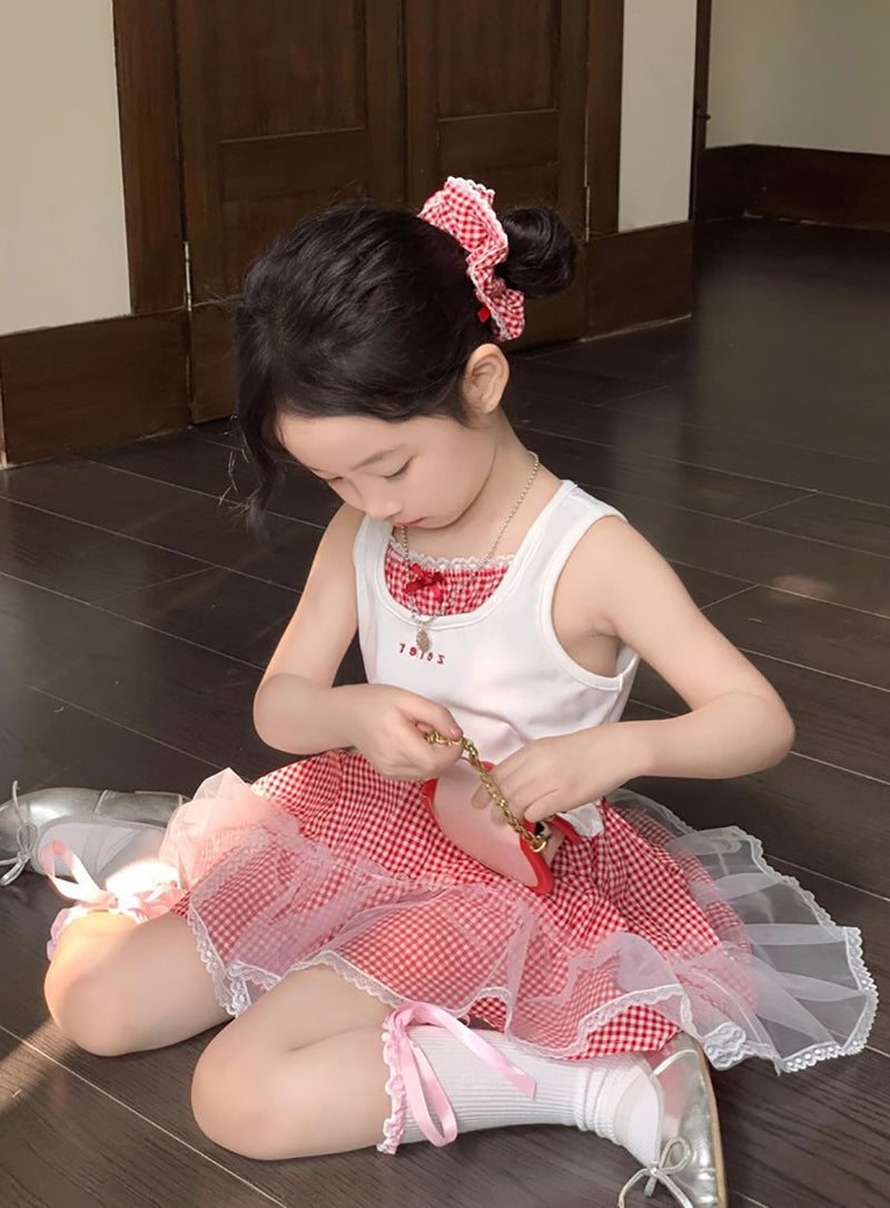 Girls Colourblocked Sleeveless Pure Cotton Top With Skirt