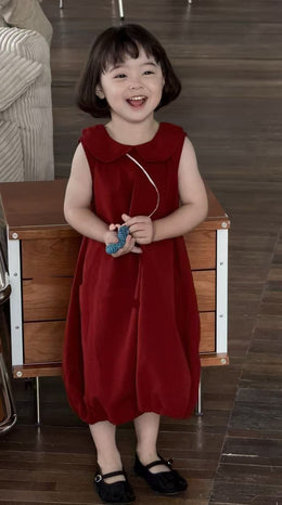 Girls Solid Round Neck Ruffles Cotton A-Line Dress