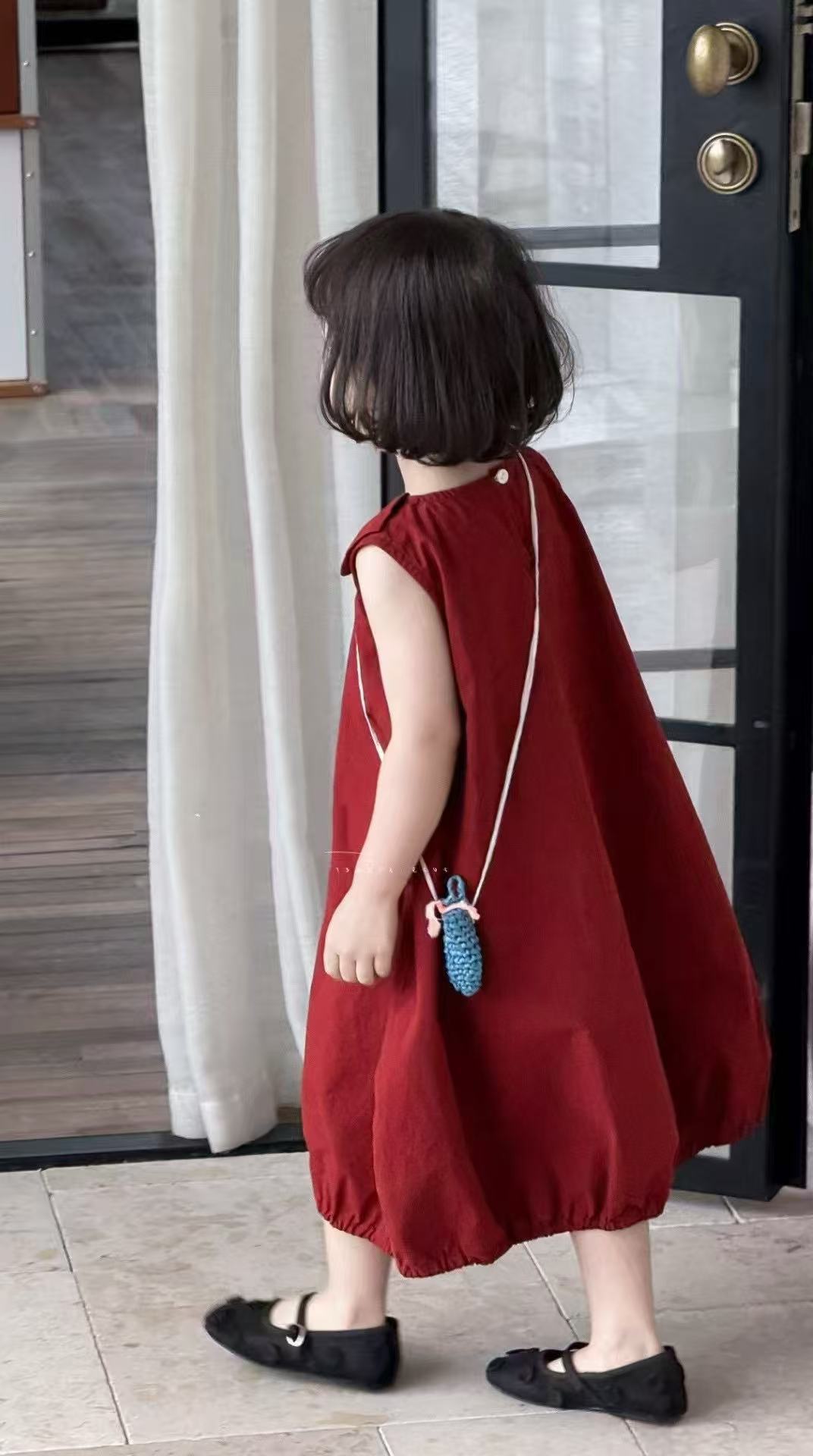 Girls Solid Round Neck Ruffles Cotton A-Line Dress