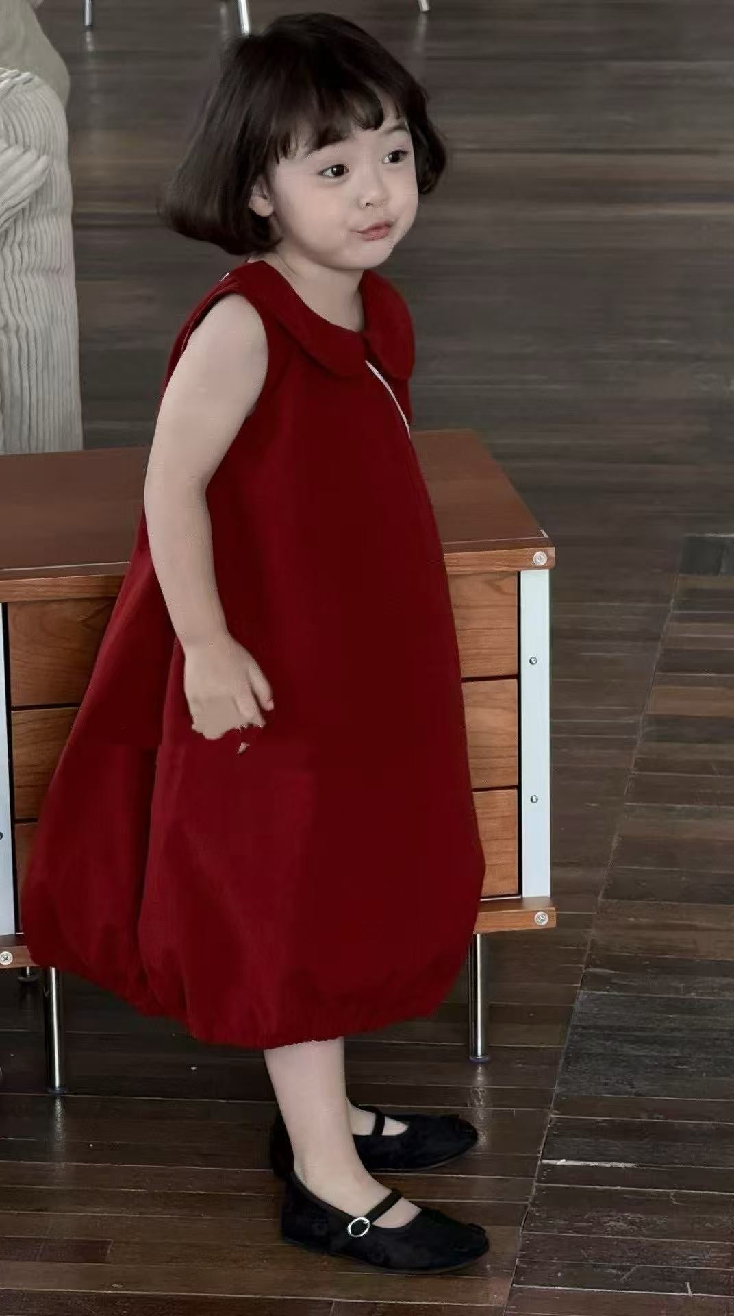 Girls Solid Round Neck Ruffles Cotton A-Line Dress