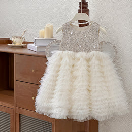 Girls Embellished Round Neck Ruffles A-Line Dress