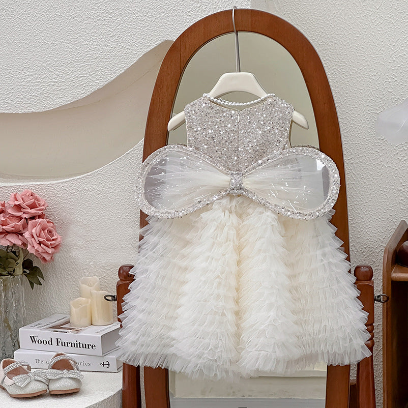 Girls Embellished Round Neck Ruffles A-Line Dress