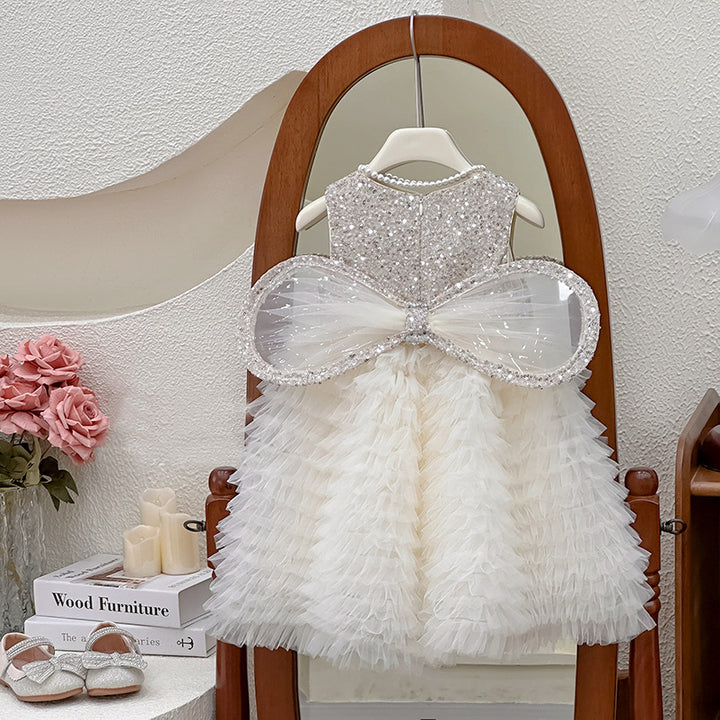 Girls Embellished Round Neck Ruffles A-Line Dress